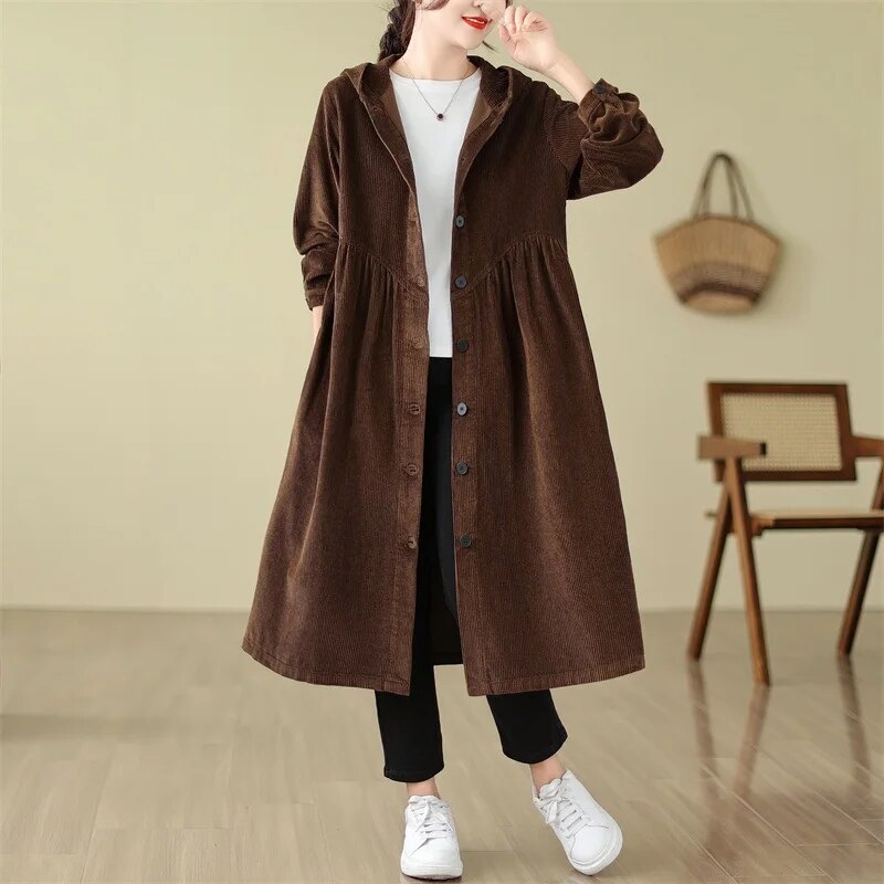 long sleeve corduroy oversized vintage hooded casual loose autumn spring winter trench coat for women 2024 clothes Outerwear Khaki