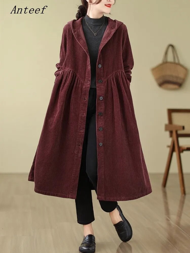 long sleeve corduroy oversized vintage hooded casual loose autumn spring winter trench coat for women 2024 clothes Outerwear