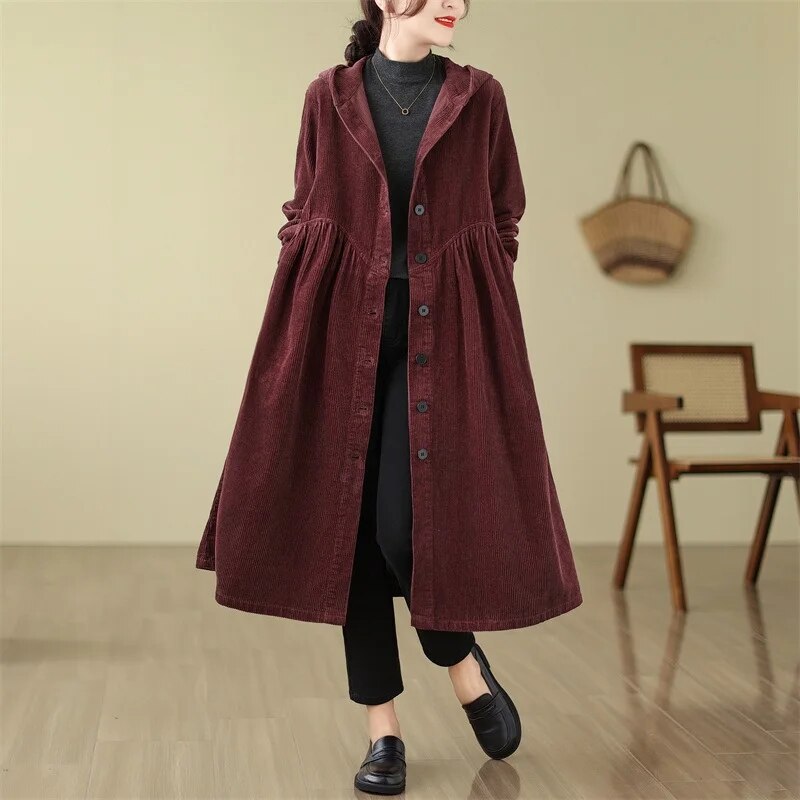 long sleeve corduroy oversized vintage hooded casual loose autumn spring winter trench coat for women 2024 clothes Outerwear Burgundy