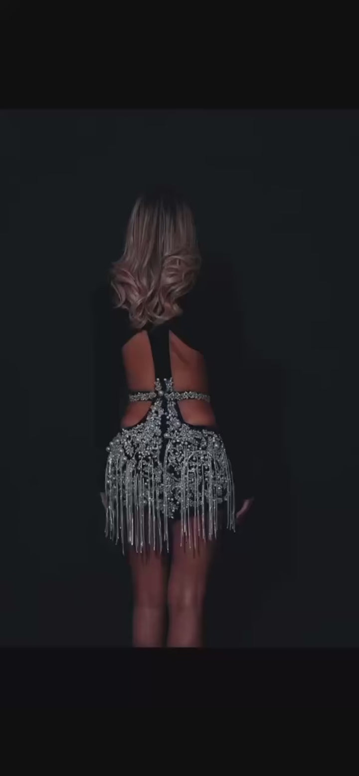 Women Cross-Border Foreign Trade Luxury Rhinestone Fringe Sexy Hollow Suit Dress Fashion Hot Girl Party Dress