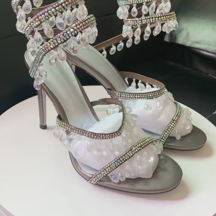 Frauen Neue Strass Sandalen Mode Quaste Kristall Schuhe Sexy Nachtclub Bankett Party Twining Stiletto frauen Sandalen 