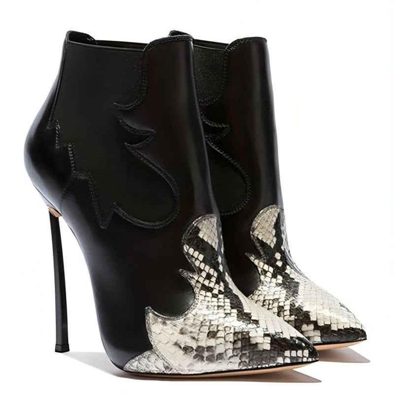 Patchwork Python Pattern Boots Pointed Toe Stiletto High Heels Sexy Shallow Slip On Women Luxury Shoes Zapatos De Mujer