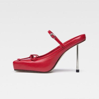 Butterfly-Knot Metal Heeled Sandals Red Square Toe Solid Color Mules Summer Pull On Slip On Slides Black Luxury Ladies Shoes