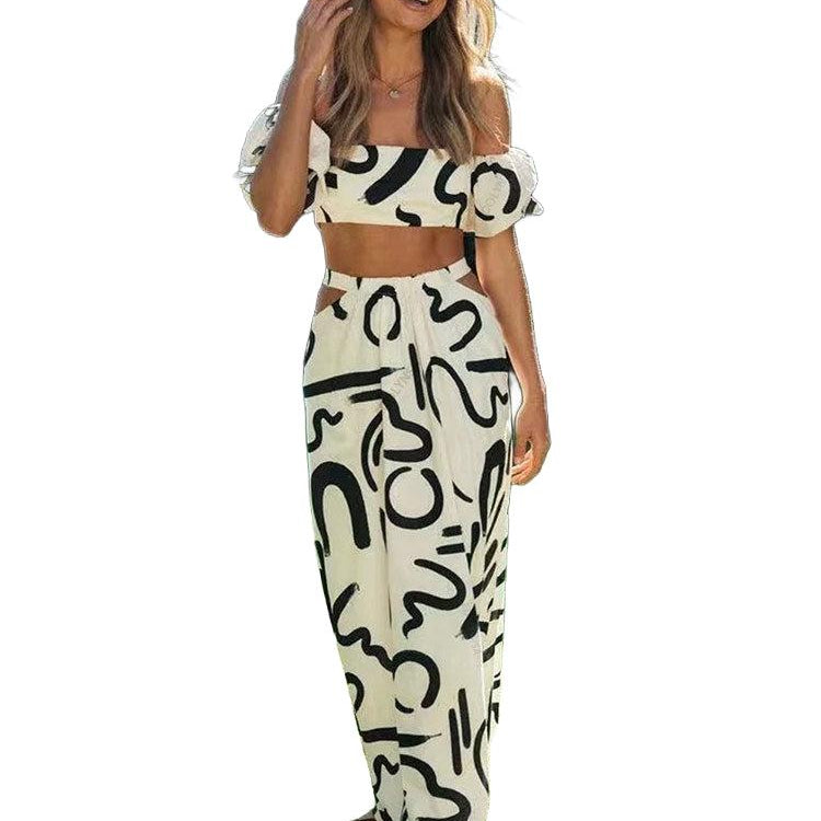 Boho New Graffiti Print Two Piece Sets - Women Summer Square Neck Tube Tops A-line Hollow Out Skirt Suit Party Dresses