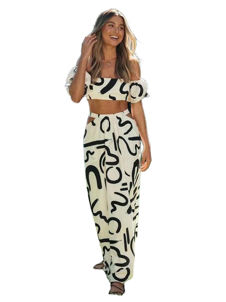 Boho New Graffiti Print Two Piece Sets - Women Summer Square Neck Tube Tops A-line Hollow Out Skirt Suit Party Dresses