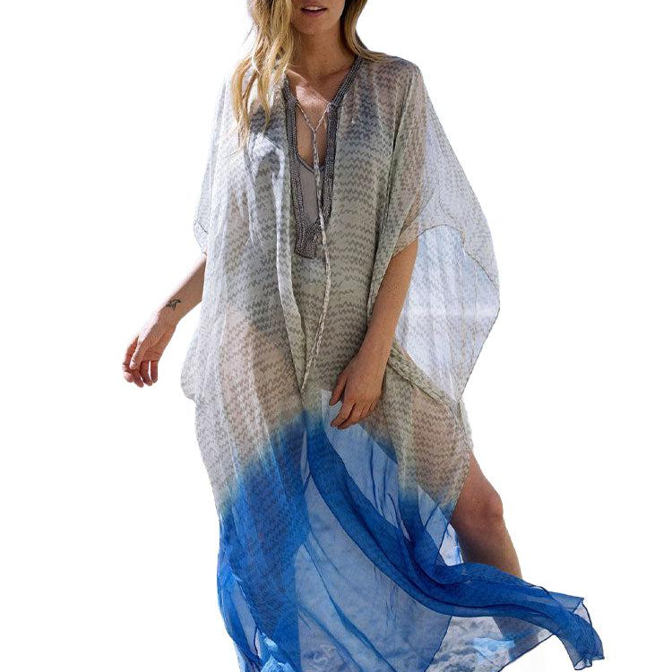 Blue Bohemian Embroidered Batwing Sleeve Side Split Summer Beach Dress Chiffon Tunic Women Plus Size Beachwear kaftan