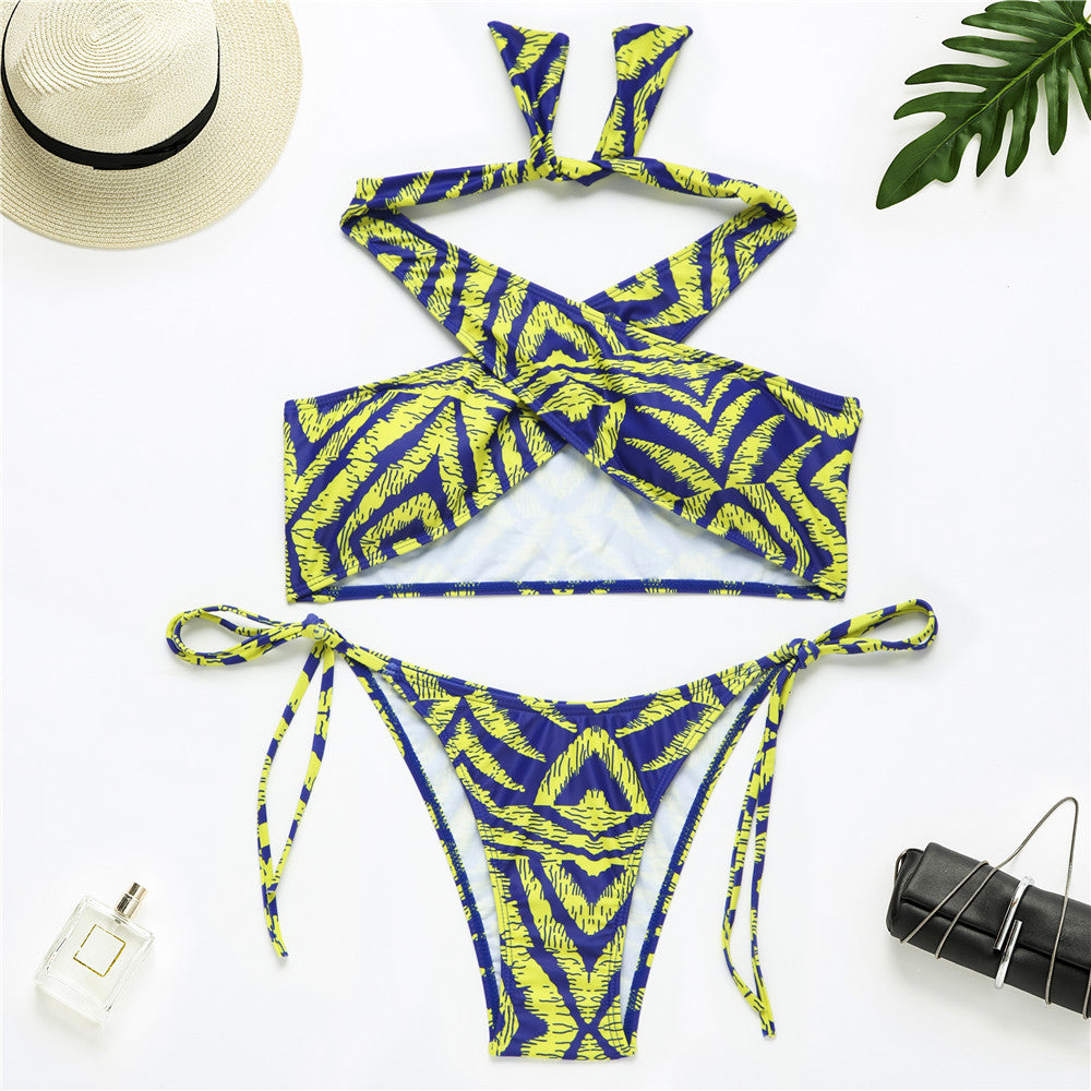 Women's Fashion Cross Split Bikini Swimsuit Yellow