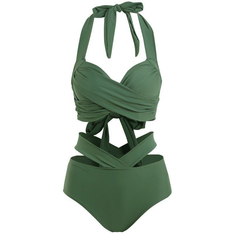 Women's Fashion Gathering Straps High Waist Bikini Swimsuit Bean Green