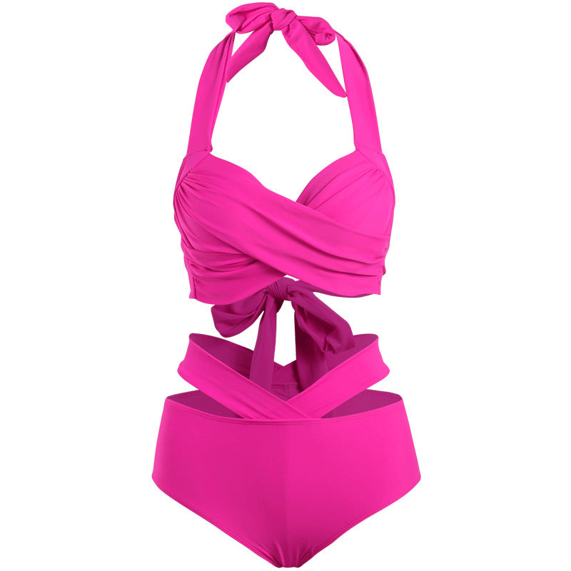 Women's Fashion Gathering Straps High Waist Bikini Swimsuit Rose Red