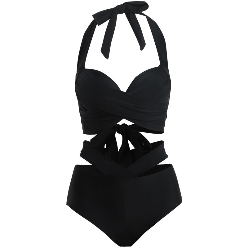 Women's Fashion Gathering Straps High Waist Bikini Swimsuit Black