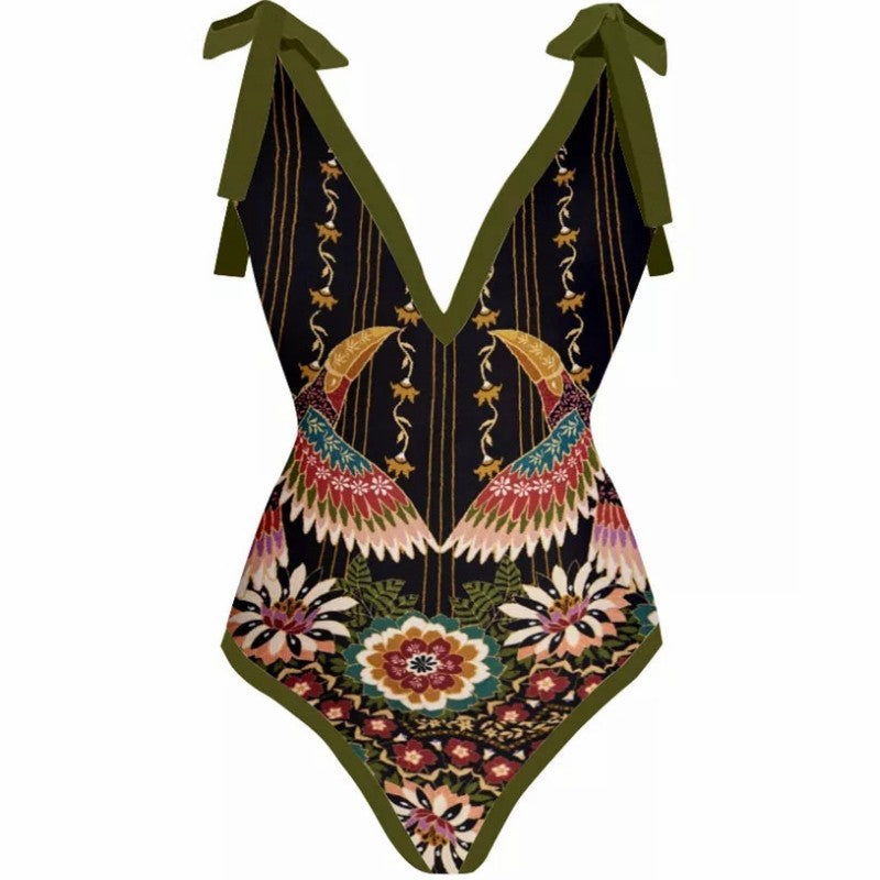 Vintage Printed One Piece Swimsuit For Women Bodysuit