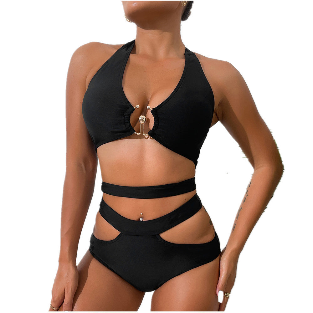 Women's Fashion Simple Solid Color Bikini Swimsuit Black