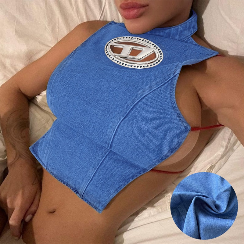 Y2k Women Blue Denim Slim Tank Top Backless Sexy Half-high Collar Crop Tops Lace-up Streetwear Irregular Corsets Vest 2024
