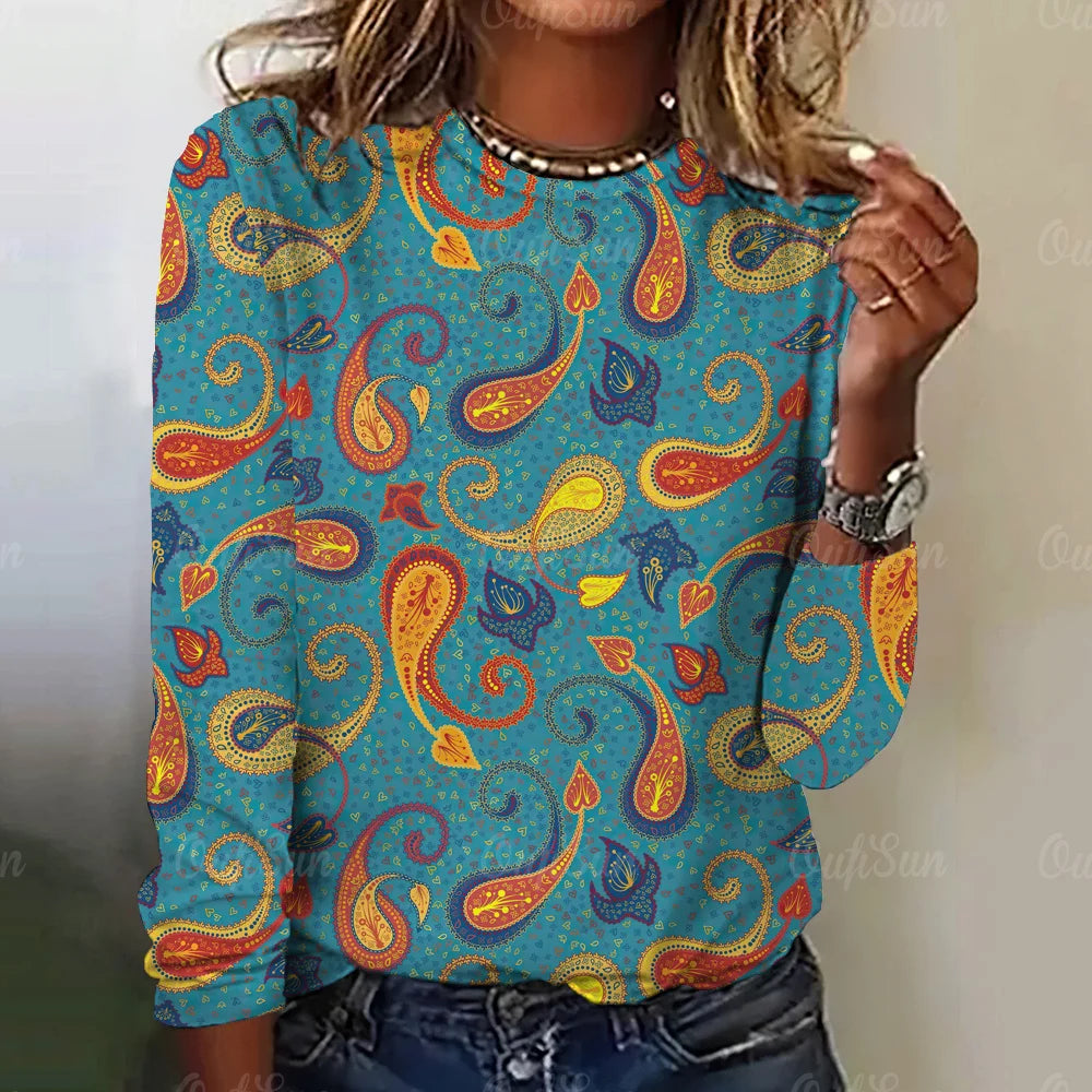 Paisley Print Top Women Long Sleeved Streetwear Summer Vintage Tee Women's Fashion O Neck T Shirts Y2k Oversized Female Clothing