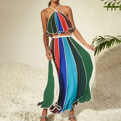 Vintage Fashion Colorblock Print Bikinis Two Piece Swimsuits Summer Dress Halter Beachwear High Waist Swimwear Lace Up Surf Wear