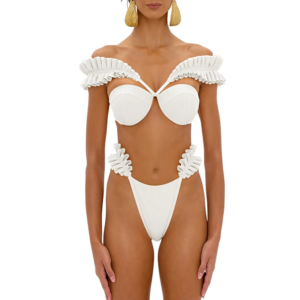Pleated Design Push Up Swimsuit Sexy Micro Bikini White