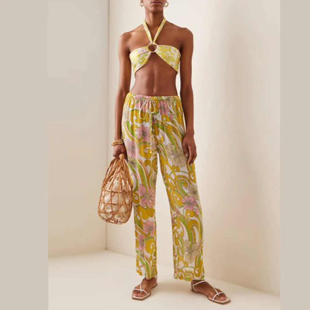 Yellow Printed Patchwork Swimsuit Women Three-Piece Swimwear High Waist Slim Fit Strap Bikini Sexy Fashion Beachwear Backless