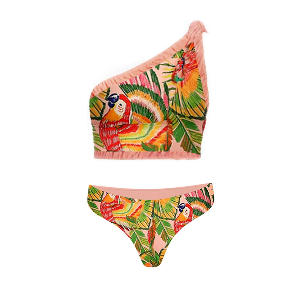 Vintage One-Shoulder Embroidered Print Bikini And Fringe Skirt Sexy Lingerie For Women Fashion Luxury Elegance Slim Fit green