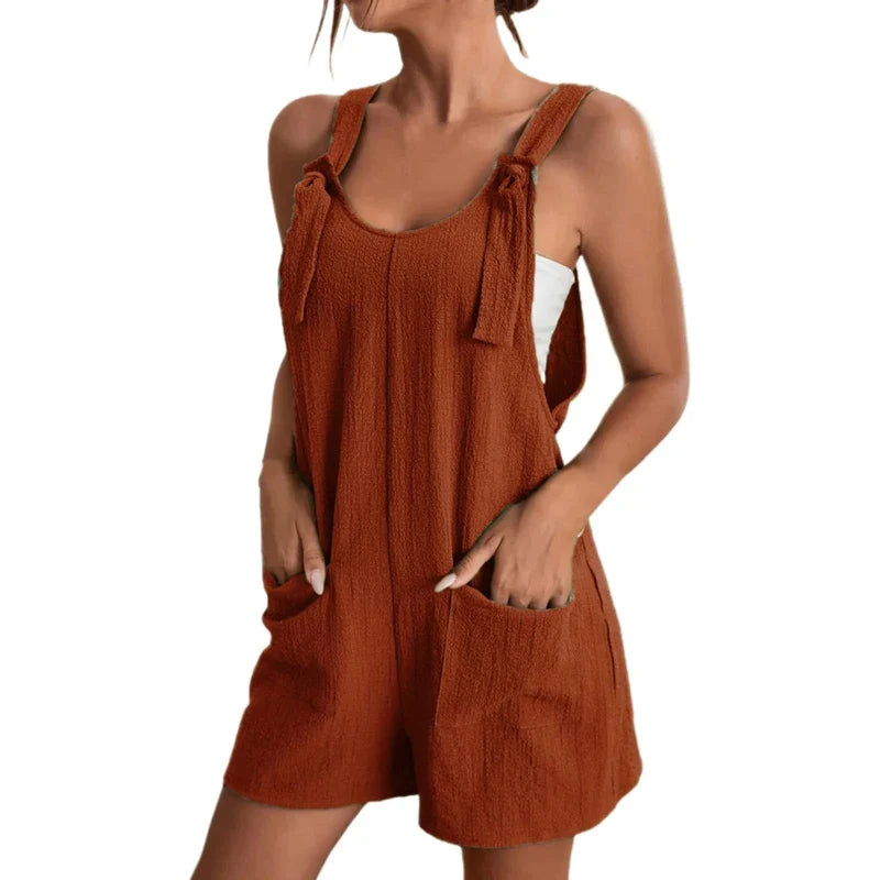 Boho Solid Color Sleeveless Women Jumpsuit Casual Loose Wide Leg Overall Summer Daily Banggy Rompers with Pockets Clothes Brown