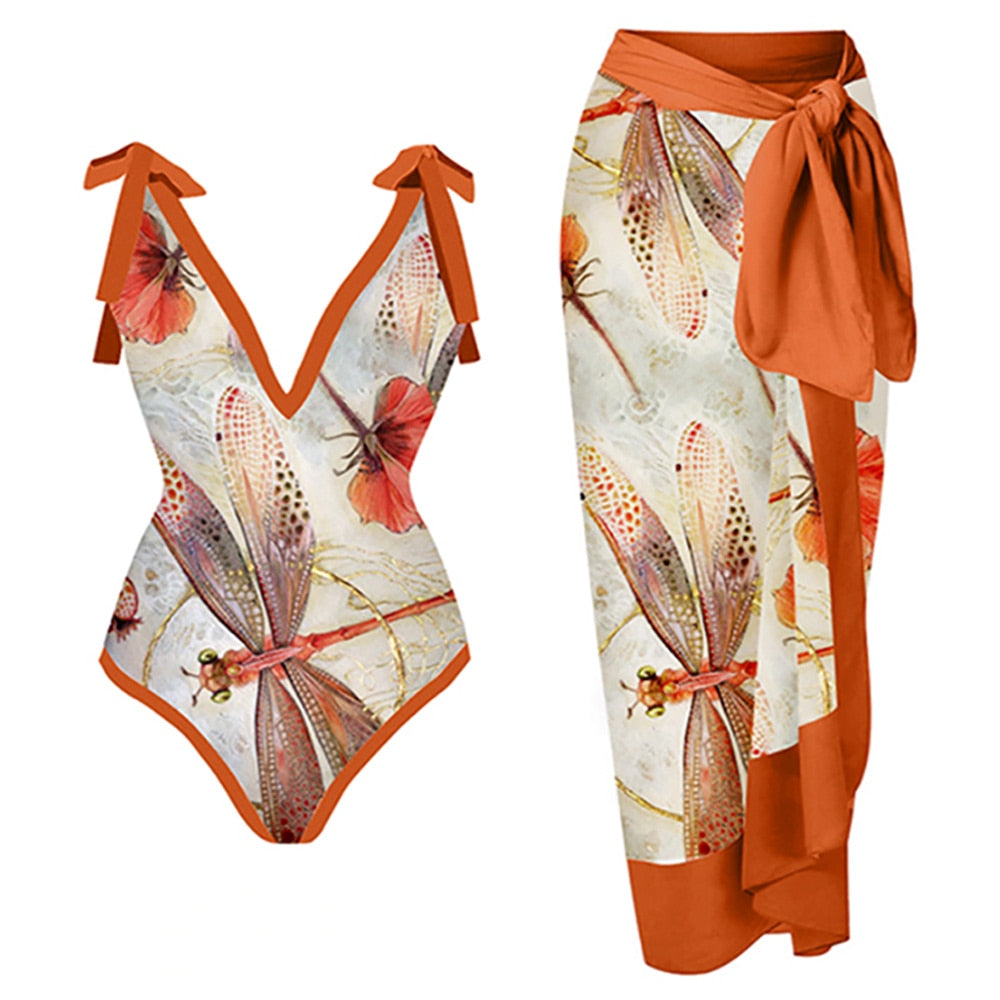 Women One Piece Swimsuit & Skirt Orange Print Female Retro Swimwear Holiday Beach Dress Designer Bathing Suit Summer Surf Wea