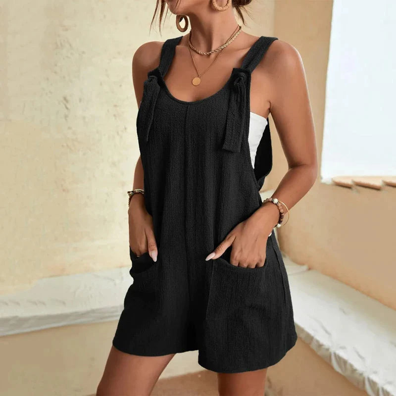 Boho Solid Color Sleeveless Women Jumpsuit Casual Loose Wide Leg Overall Summer Daily Banggy Rompers with Pockets Clothes Black