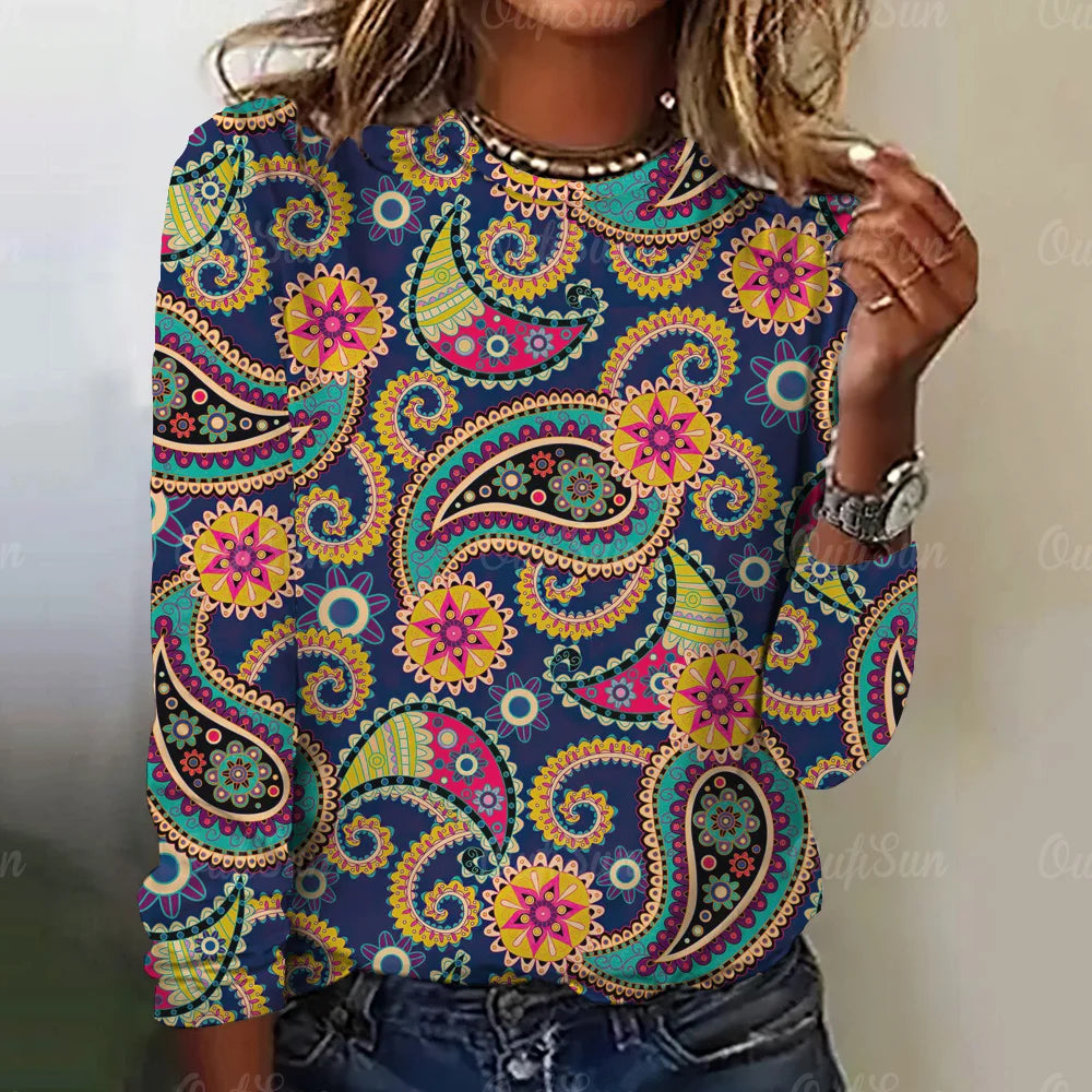 Paisley Print Top Women Long Sleeved Streetwear Summer Vintage Tee Women's Fashion O Neck T Shirts Y2k Oversized Female Clothing