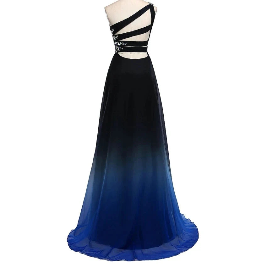 Sexy Criss-Cross Back One Shoulder Ombre Blue Black Red Chiffon Long Prom Dresses Formal Party Gowns