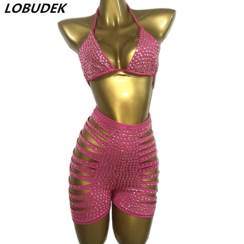 Shining Rhinestones Bra Hole Hollow Shorts Set Women Pink Crystal Bikini High Waist Pants Outfits Birthday Party Singer Costume