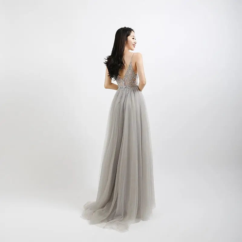 Beaded Crystal Prom Dresses Long Sexy See Through A-Line Split Tulle V Neck Spaghetti Strap Evening Formal Gown