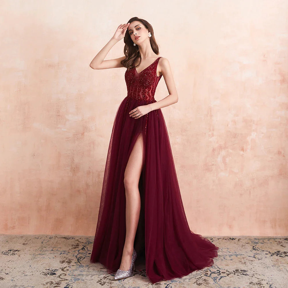 Beading Prom Dresses Long Sexy V-Neck High Split Tulle Sweep Train Sleeveless Evening Gown A-Line Backless Vestido De dark burgundy