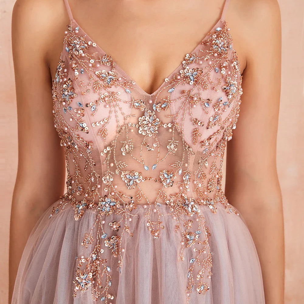 Sexy Spaghetti Straps Evening Dresses V-Neck Rhinestones Beading Formal Prom Gowns with Slit robe de soiree