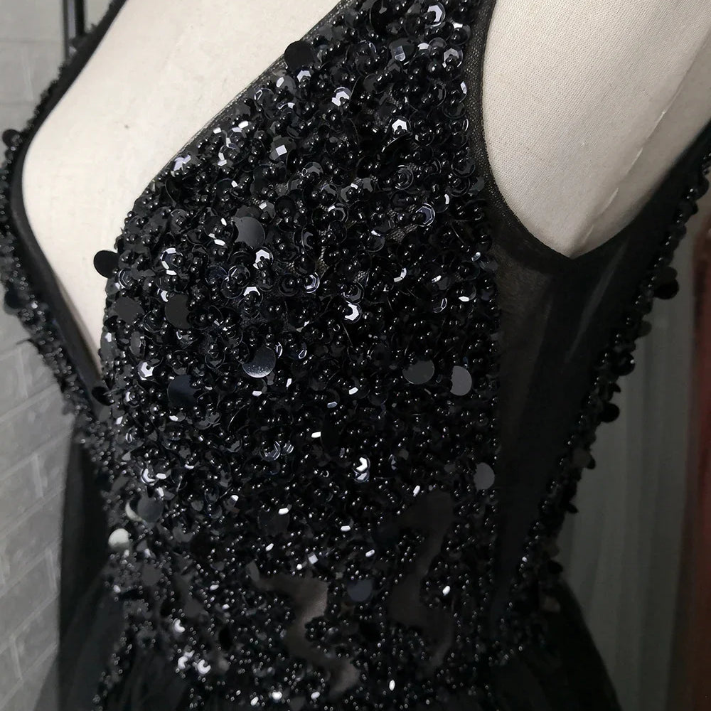 Sexy V-Neck Long Prom Dresses Beaded Beading Crystal High Splits Backless A-Line Formal Gown Party Dress