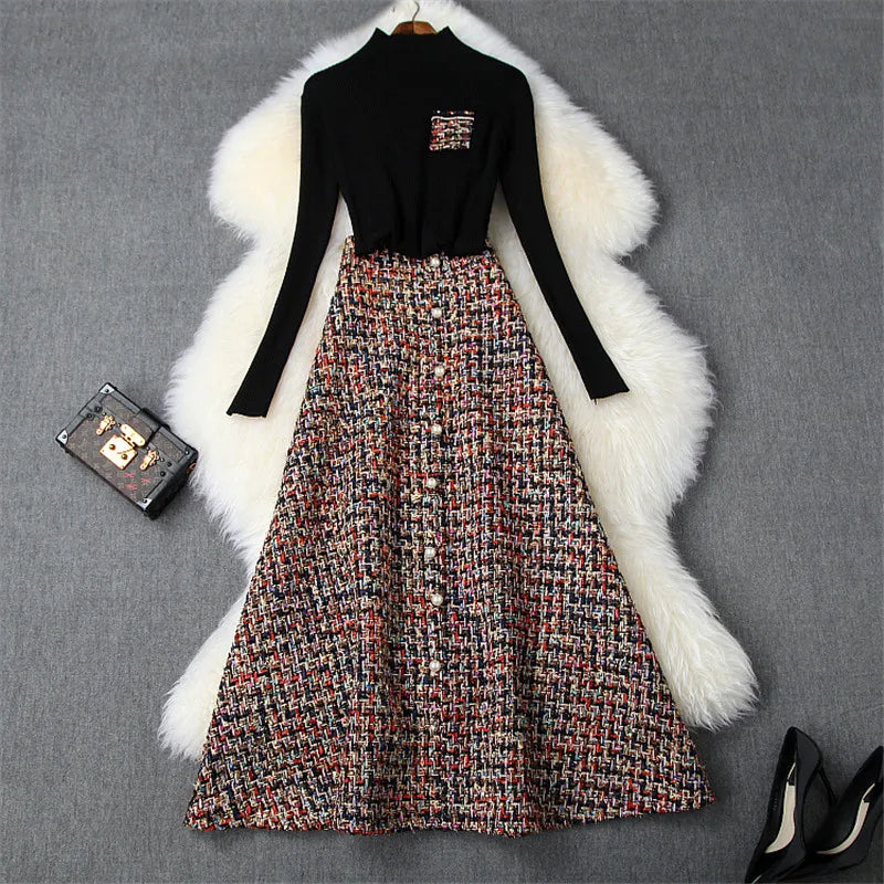 Women's Fashion Autumn Winter 2 Piece Dress Set Female Party Outfits Black Sweater Top and Long Tweed Woolen Skirt Suit Twinset black