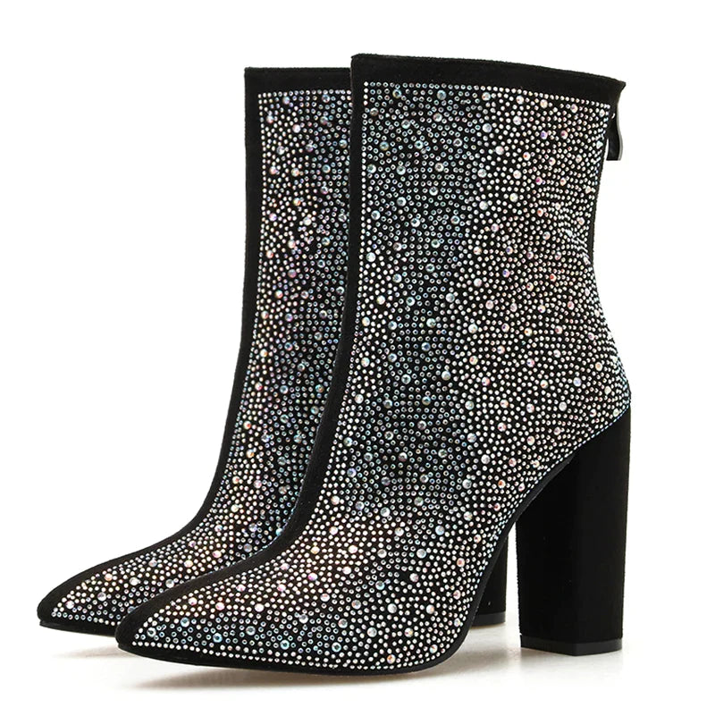 Women Crystal Ankle Boots Sexy 11cm High Heels Diamond Lady Chunky Boots Short Fall Fetish Stripper Booties Colorful Shoes
