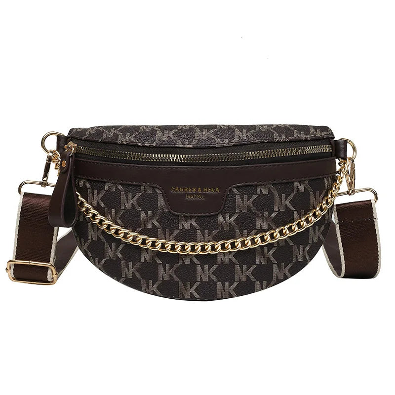 Women Chain Waist Bag PU Leather Fanny Pack Waist Belt Bag for Women Luxury Shoulder Crossbody Chest Purses and Handbag Coffee C