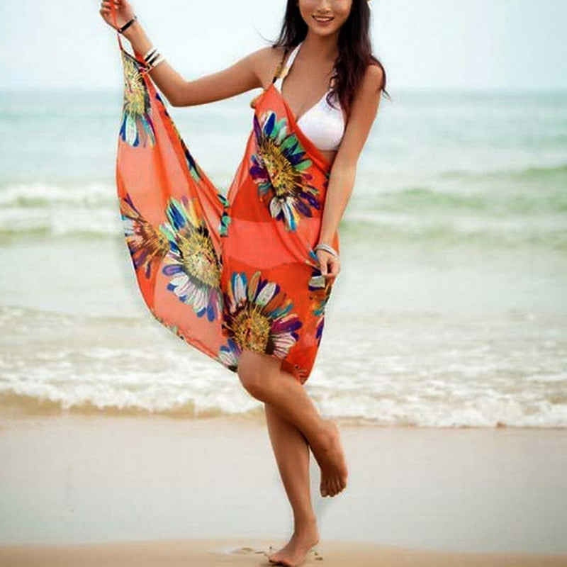 Impresso Cover-ups Sexy Beach Dress Halter Sling Chiffon Beach Toalha Biquíni Wrap Pareo Saias Open Open Swimwear