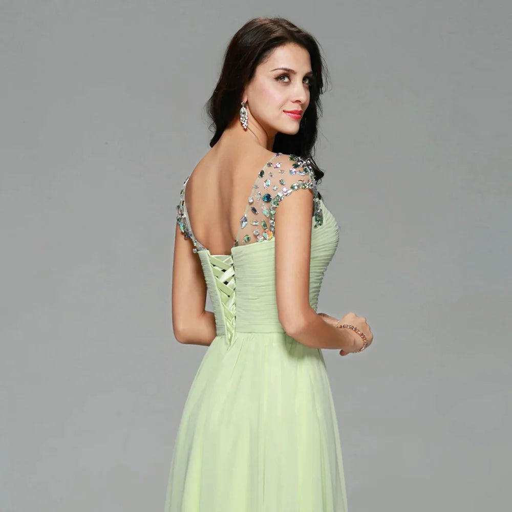 Elegant Cap Sleeves Light Green Prom Dresses Chiffon Crystal vestido de festa Evening Formal Dress for Women