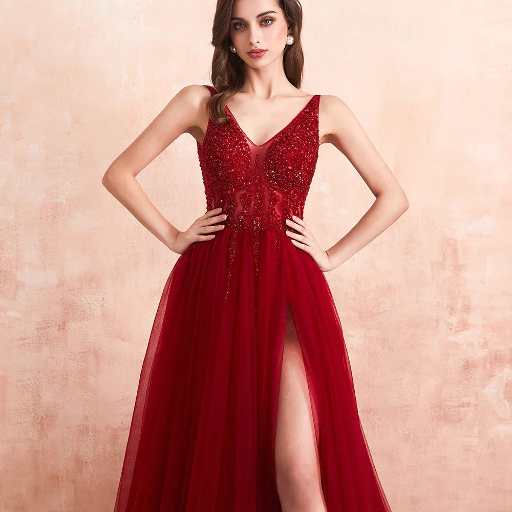 Beading Prom Dresses Long Sexy V-Neck High Split Tulle Sweep Train Sleeveless Evening Gown A-Line Backless Vestido De