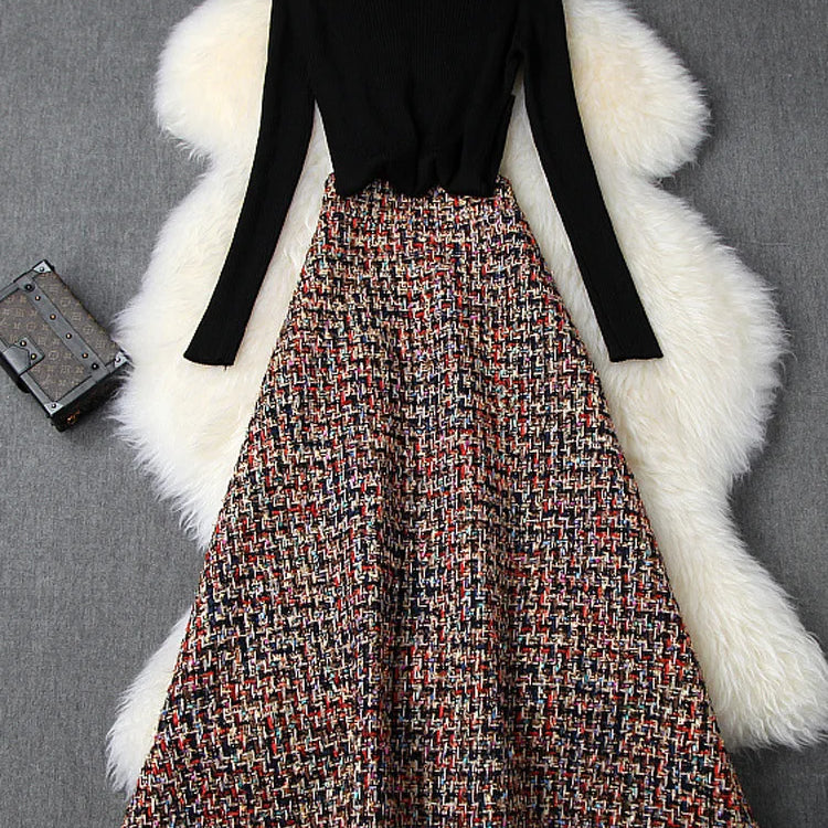 Women's Fashion Autumn Winter 2 Piece Dress Set Female Party Outfits Black Sweater Top and Long Tweed Woolen Skirt Suit Twinset