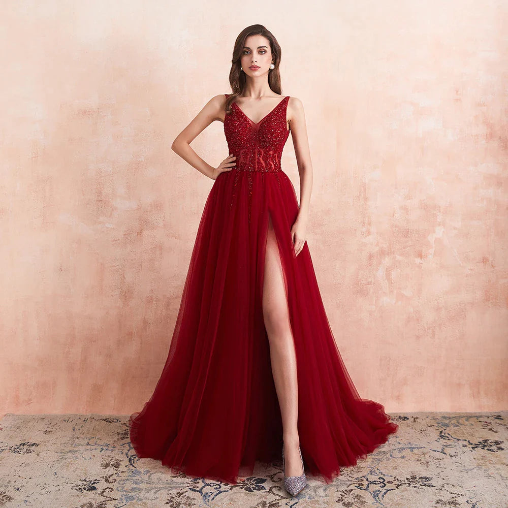 Beading Prom Dresses Long Sexy V-Neck High Split Tulle Sweep Train Sleeveless Evening Gown A-Line Backless Vestido De burgundy