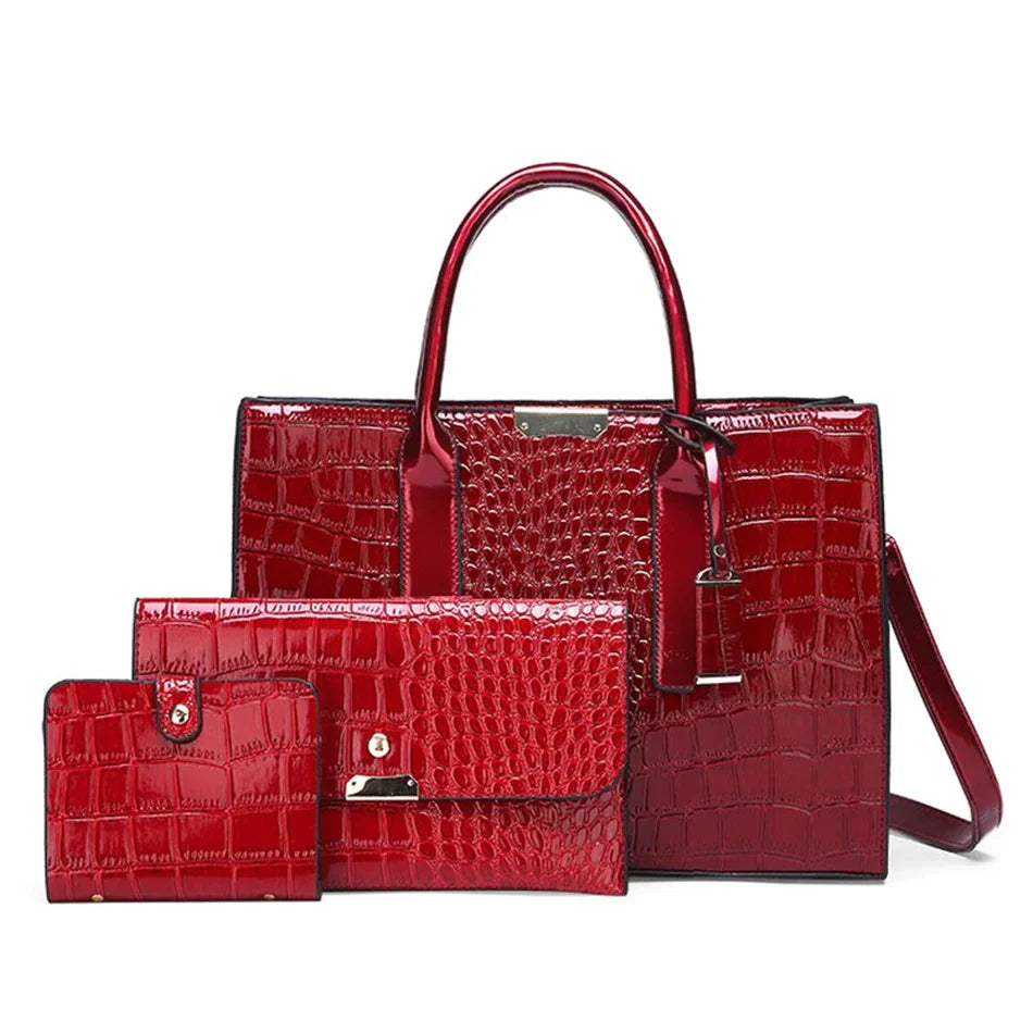 Casual Tote Sac Vintage Crocodile Pattern Patent Leather Luxury Handbags Brand Designer Large Capacity Shoulder Messenger Bag Red-1