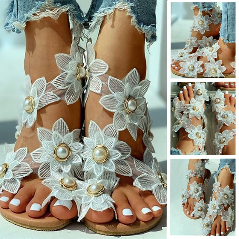 Women Sandals Boho Style Summer Shoes For Women Flat Sandals Beach Shoes 2024 Flowers Flip Flops Chaussures Femme 6 Colors 35-44