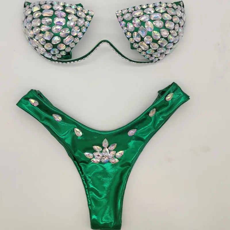 Diamond bikini crystal bikini swimwear plus sizes bikini rhinestone bikini swimsuit sexy beachwear biquini SHINY GREEN