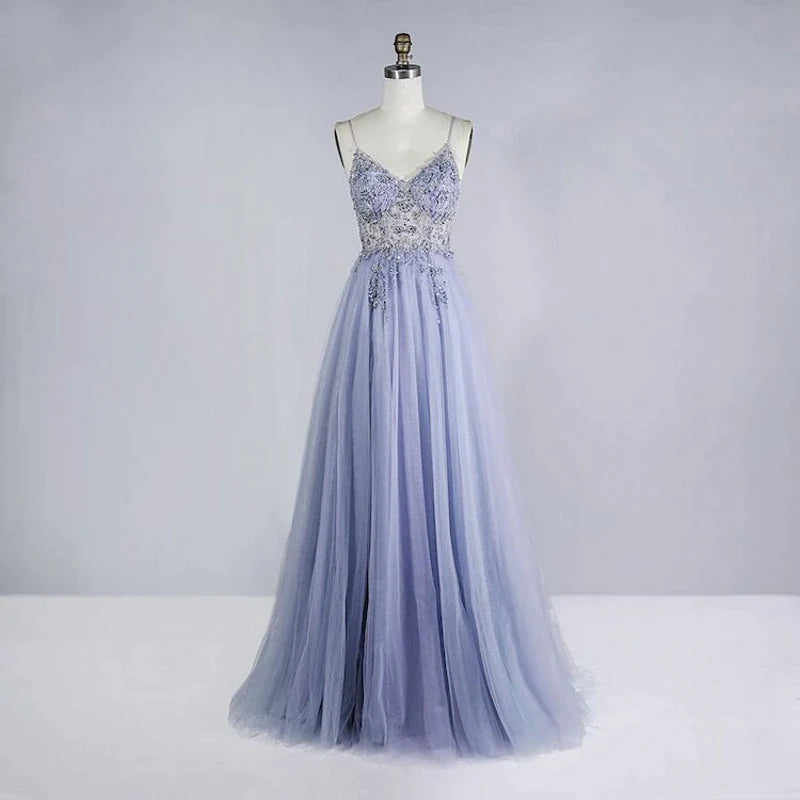 Beaded Crystal Prom Dresses Long Sexy See Through A-Line Split Tulle V Neck Spaghetti Strap Evening Formal Gown blue purple