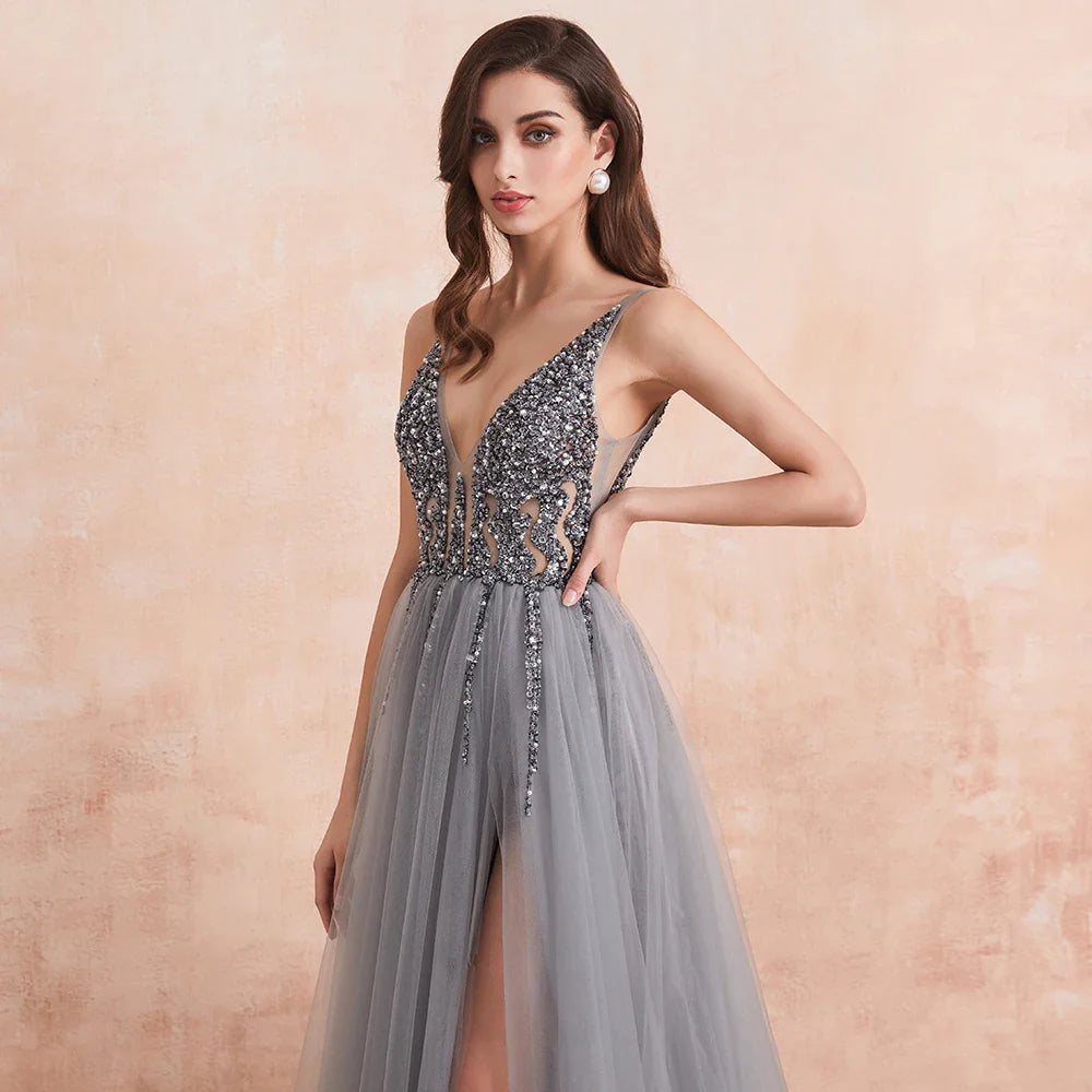Sexy V-Neck Long Prom Dresses Beaded Beading Crystal High Splits Backless A-Line Formal Gown Party Dress