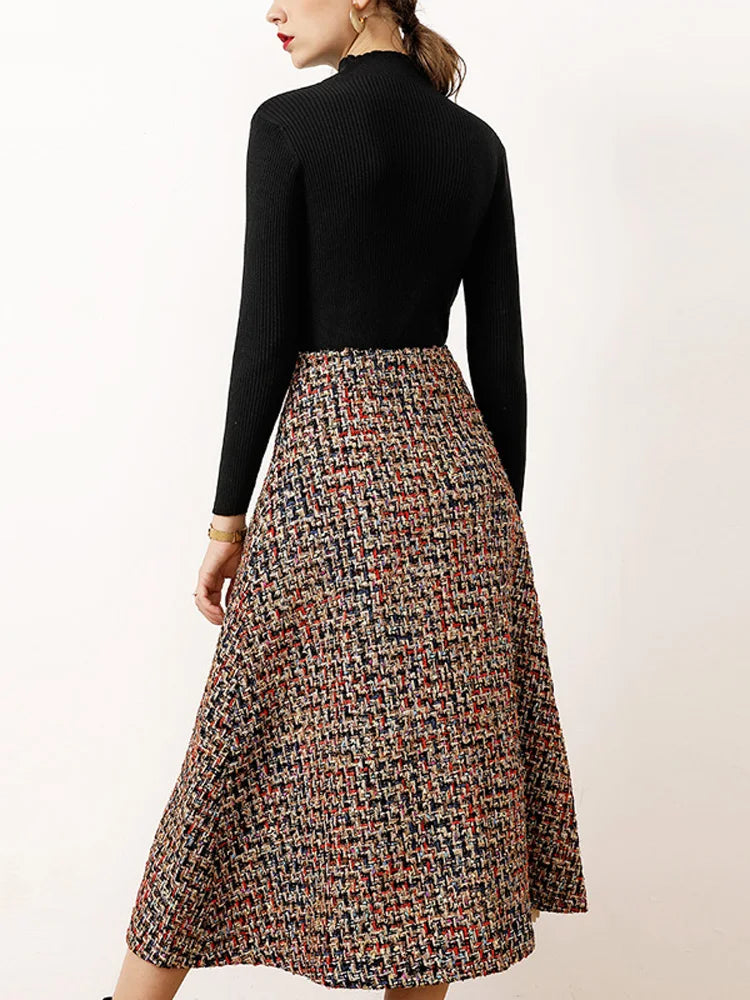 Women's Fashion Autumn Winter 2 Piece Dress Set Female Party Outfits Black Sweater Top and Long Tweed Woolen Skirt Suit Twinset