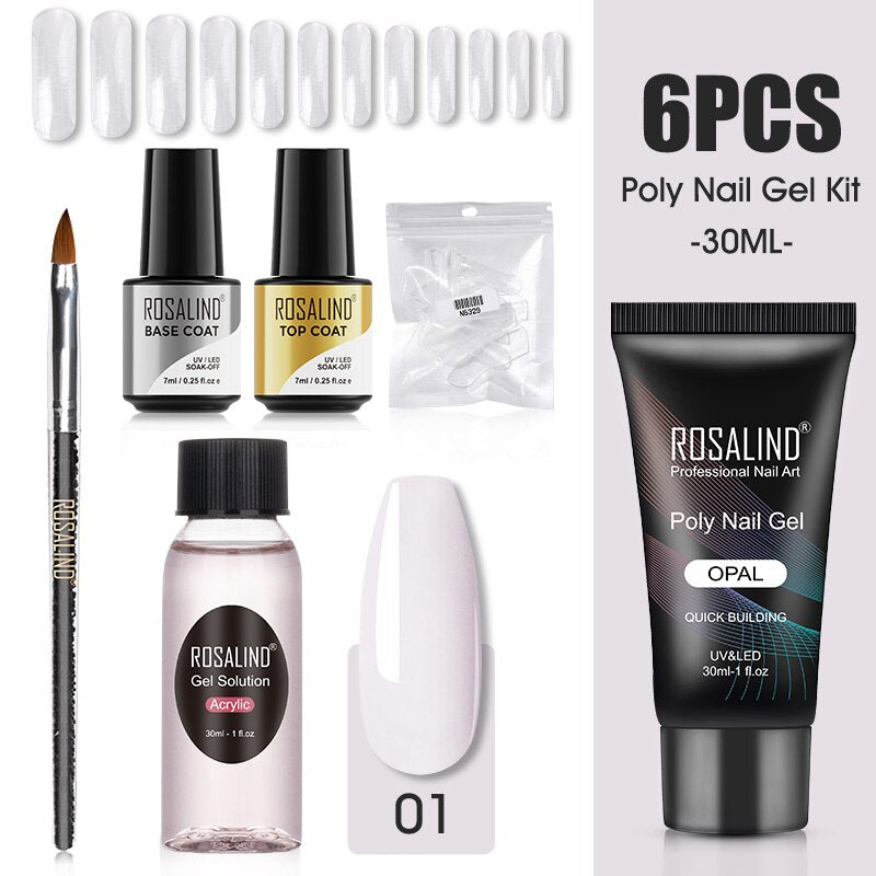 ROSALIND Poly Nail Gel Kit Nail Set For Manicure With UV LED Lamp Need Base Top Coat Hybrid Varnishes Cured Gel Lacquer Nail Art RE-4GELS2TOOLS-01