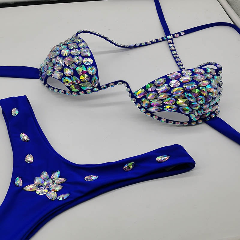 Push Up Rhinestone Bikini Luxury Crystal Diamond Women Swimwear Hollow Out Swimwsuit Manual Customized Bathing Suit