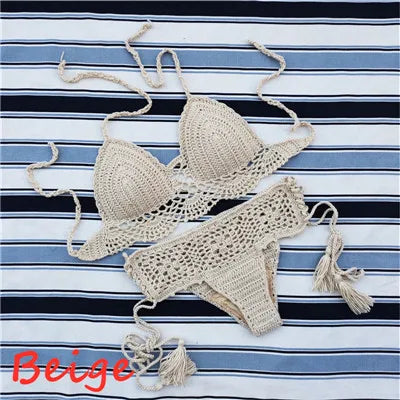 Handmade Crochet Push up Bikini Set Sexy Women Swimwear Crop Top Beach Swimsuit Suit Beige