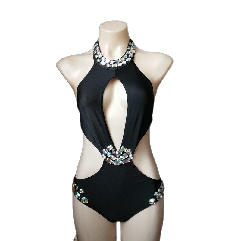 Sexy Backless Rhinestone Women Swimsuit Crystal Diamond One-Piece Swimwear Hollow Out Halter Bathing Flickor